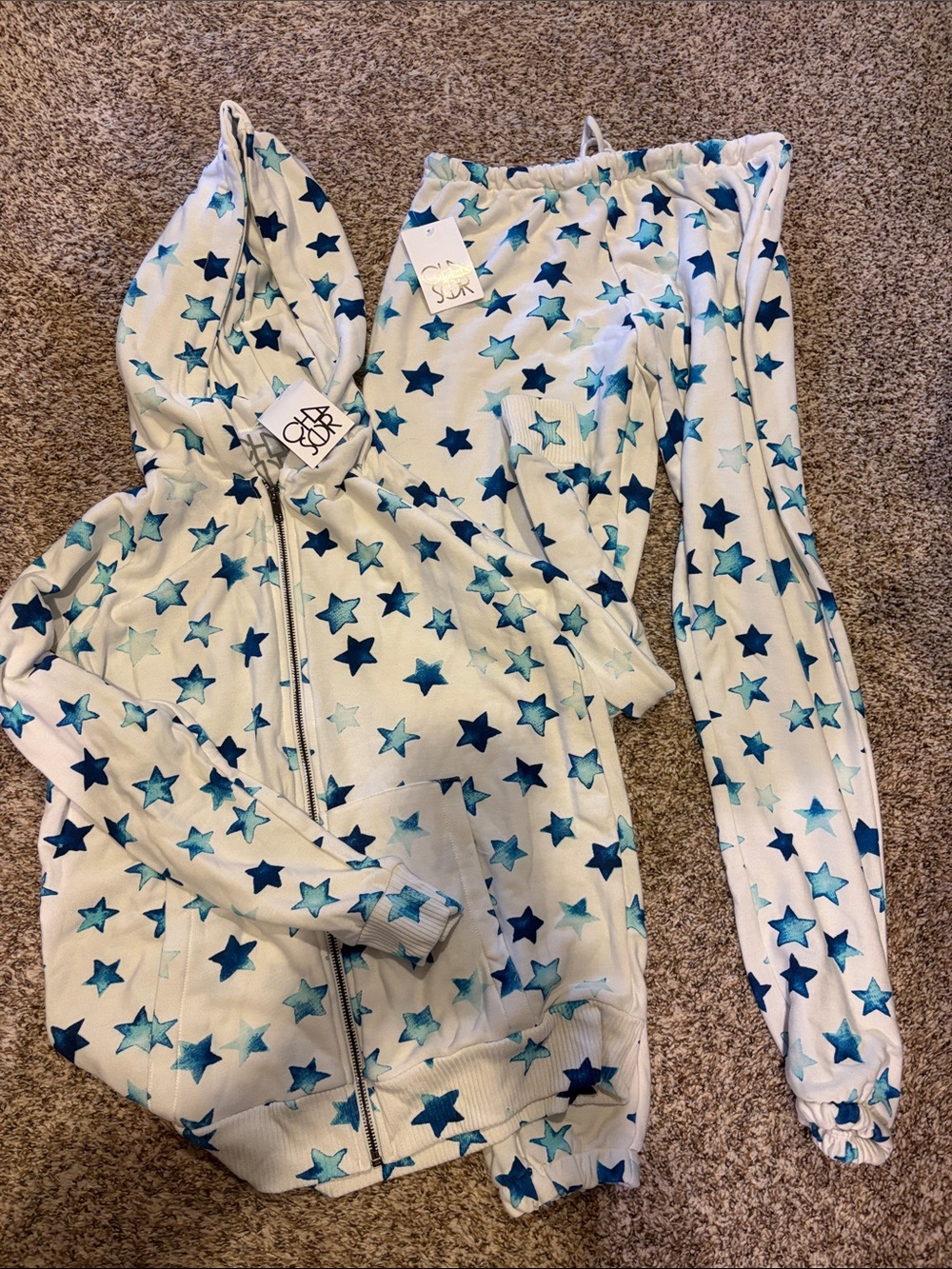 Chaser Women’s Star-Print Hooded Pajama Set - White, Navy & Light Blue
